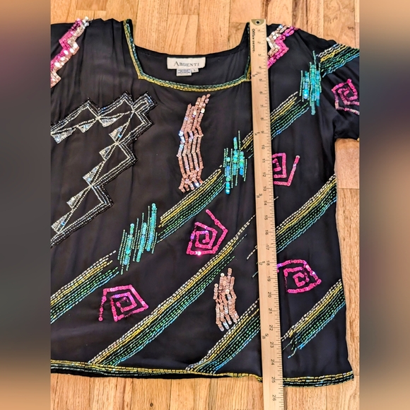 Argenti 100% Silk VTG Beaded Sequin Blouse Women's L 80 Retro Shimmer Party Top - Picture 3 of 9